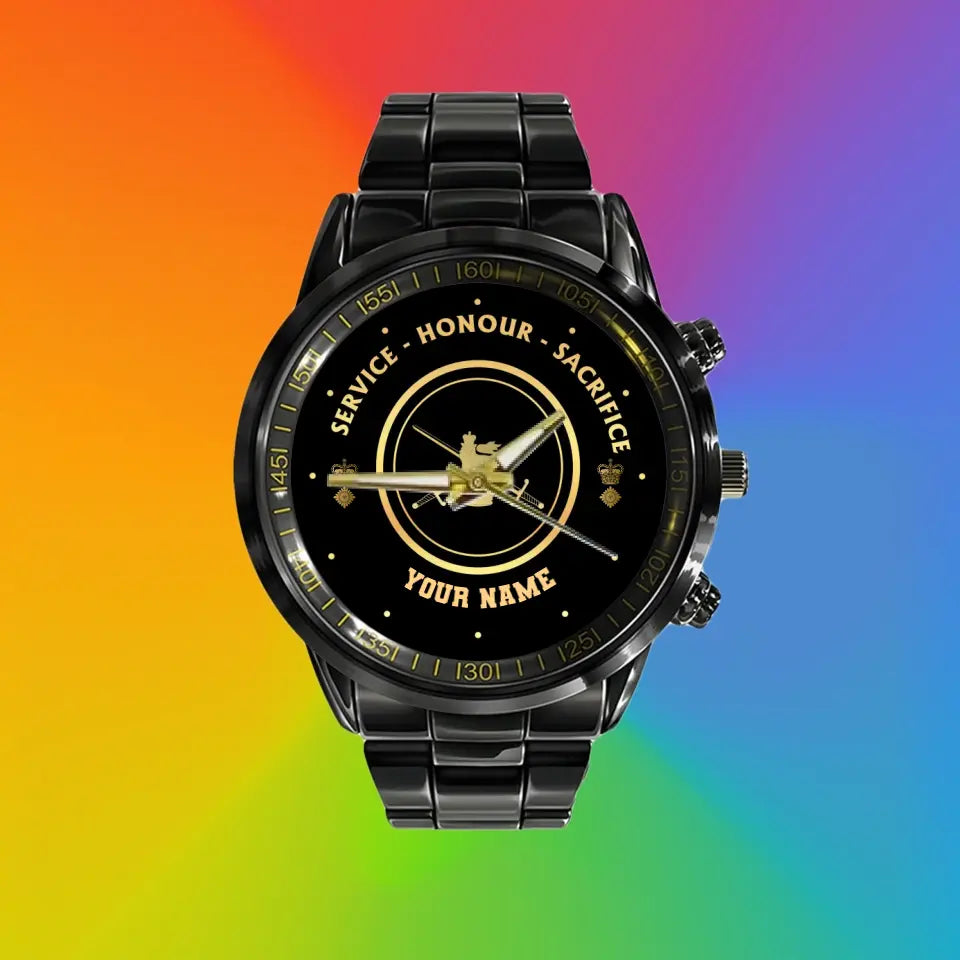 Personalized UK Soldier/ Veteran With Name And Rank Black Stainless Steel Watch - 2603240001 - Gold Version