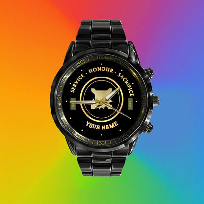 Personalisierte finnische Soldat/Veteran mit Namen und Rang schwarze Edelstahluhr - 2603240001 - Goldversion