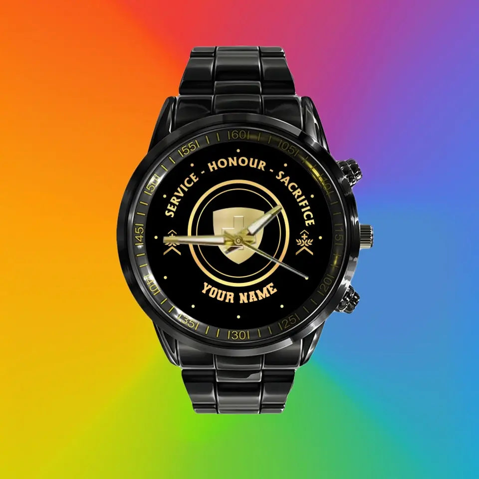 Personalisierte Schweizer Soldat/Veteran mit Namen und Rang, schwarze Edelstahluhr – 2603240001 – Goldversion