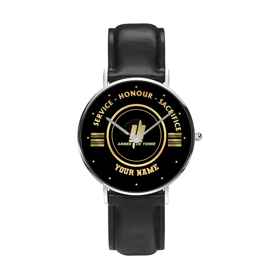 Montre Personnalisée Soldat/Vétéran France Avec Nom, Grade Cuir Noir Surpiqué - 2603240001 - Version Or