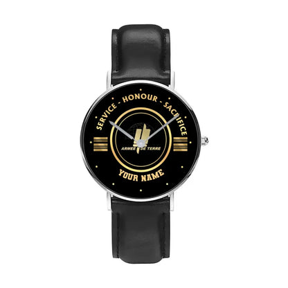 Personalized France Soldier/ Veteran With Name, Rank Black Stitched Leather Watch - 2603240001 - Gold Version