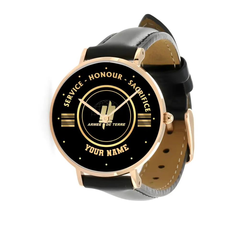 Montre Personnalisée Soldat/Vétéran France Avec Nom, Grade Cuir Noir Surpiqué - 2603240001 - Version Or