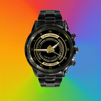 Personalized Australian Soldier/ Veteran With Name And Rank Black Stainless Steel Watch - 0603240002 - Gold Version