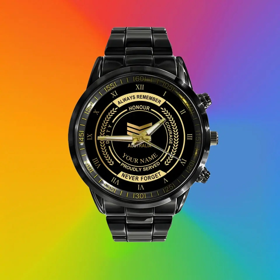 Personalized Australian Soldier/ Veteran With Name And Rank Black Stainless Steel Watch - 0603240002 - Gold Version