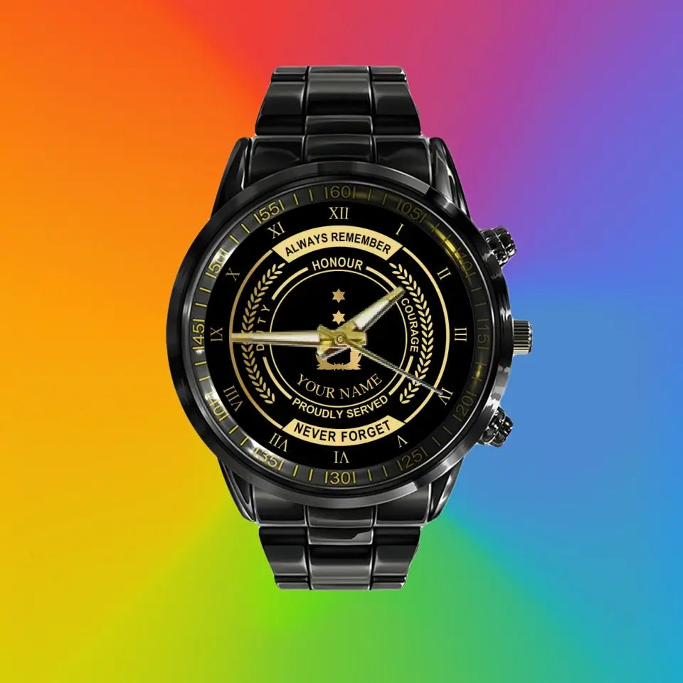 Montre personnalisée en acier inoxydable noir pour soldat/vétéran des Pays-Bas avec nom et grade - 0603240002 - Version dorée