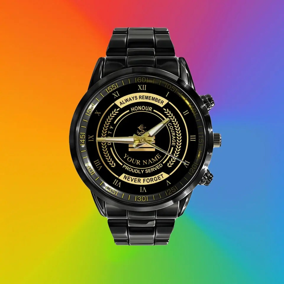 Personalized Sweden Soldier/ Veteran With Name And Rank Black Stainless Steel Watch - 0603240002 - Gold Version