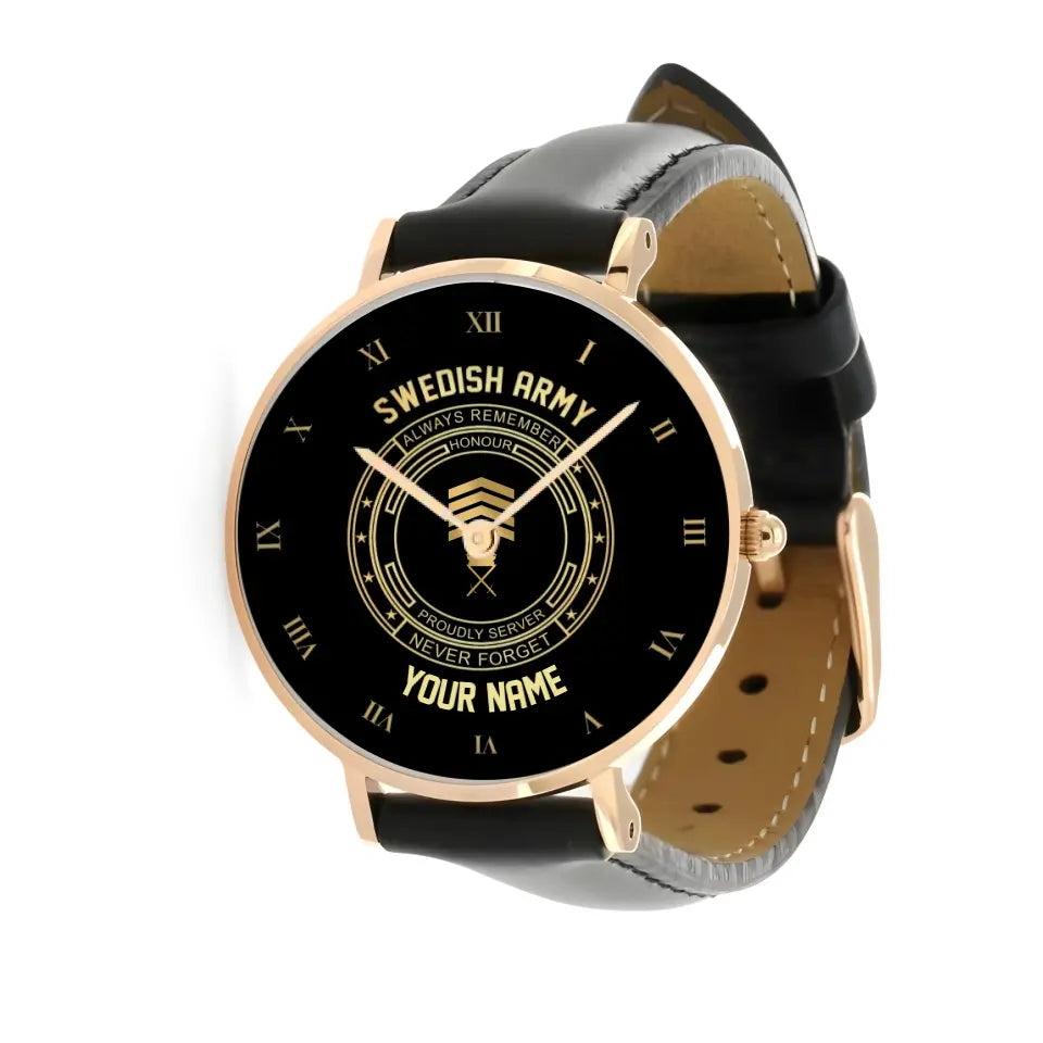 Montre personnalisée en cuir noir cousu pour soldat/vétéran suédois avec nom et grade - 2803240001 - Version dorée