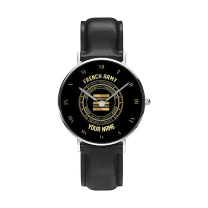 Montre Personnalisée Soldat/Vétéran France Avec Nom, Grade Cuir Noir Surpiqué - 2803240001 - Version Or