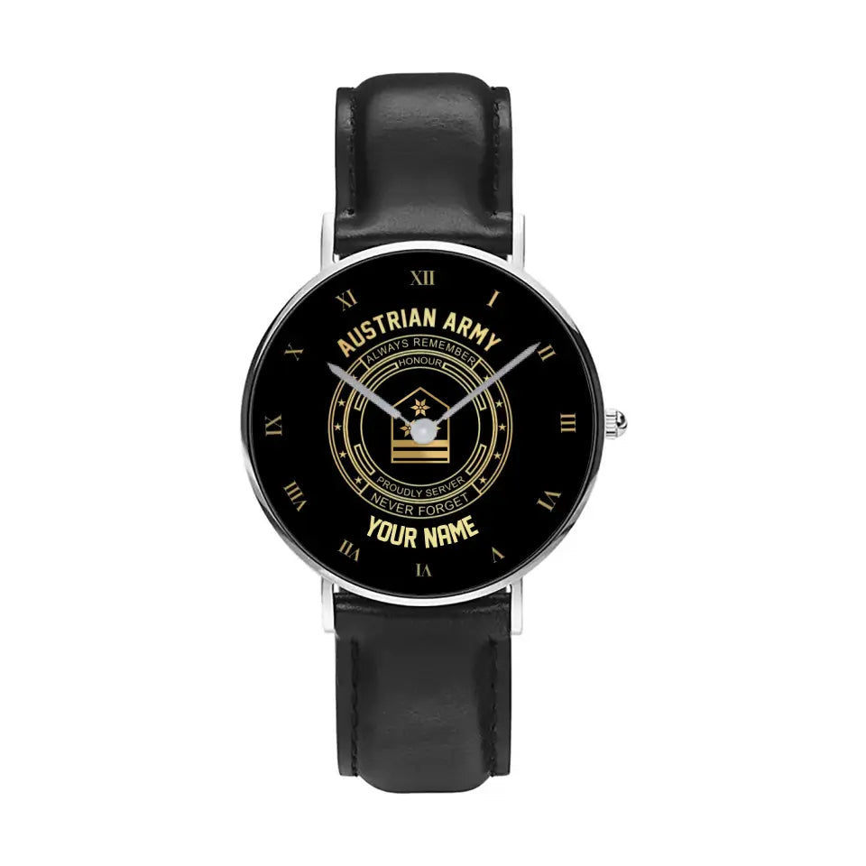 Personalisierte österreichische Soldat/Veteran mit Namen, Rang, schwarze genähte Lederuhr – 2803240001 – Goldversion