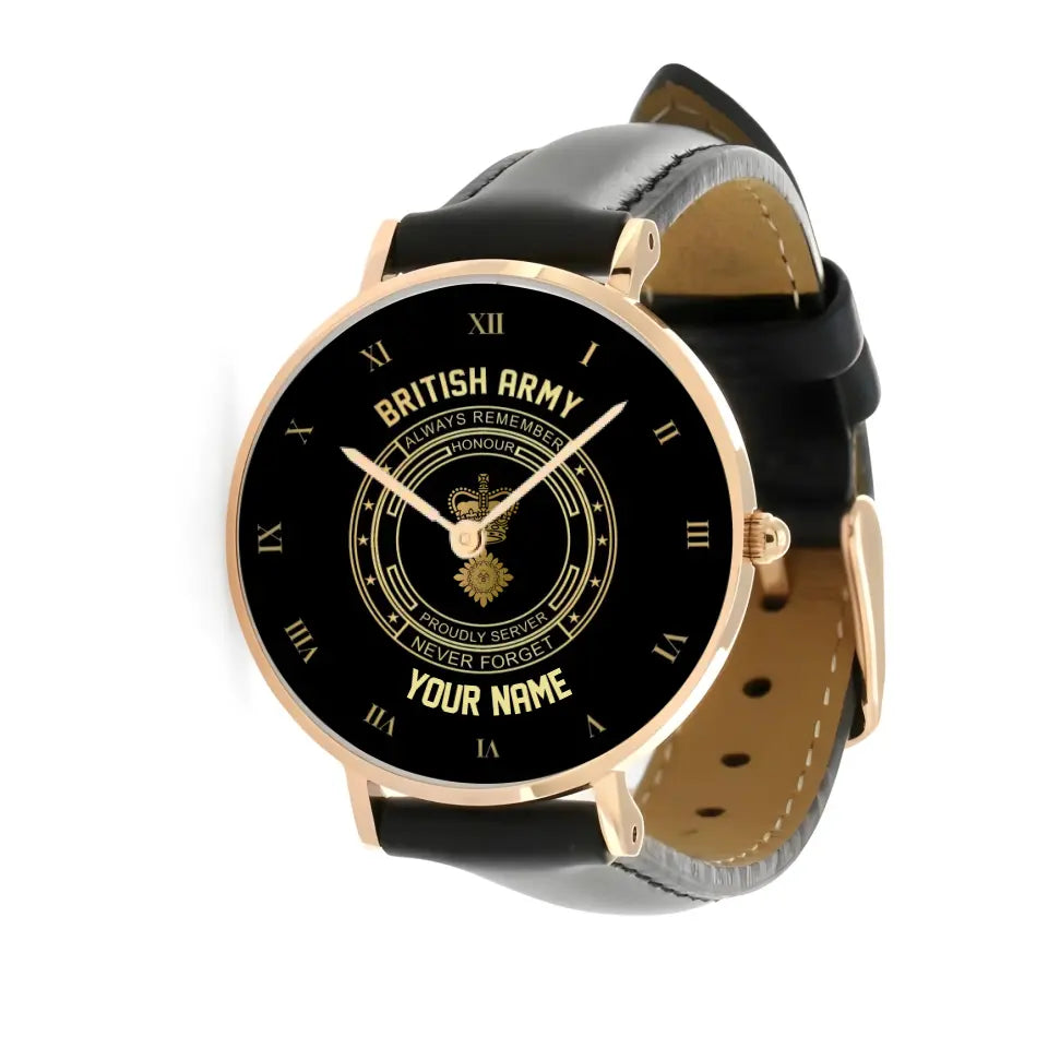 Montre personnalisée en cuir noir avec coutures noires pour soldat/vétéran du Royaume-Uni avec nom et grade - 2803240001 - Version dorée