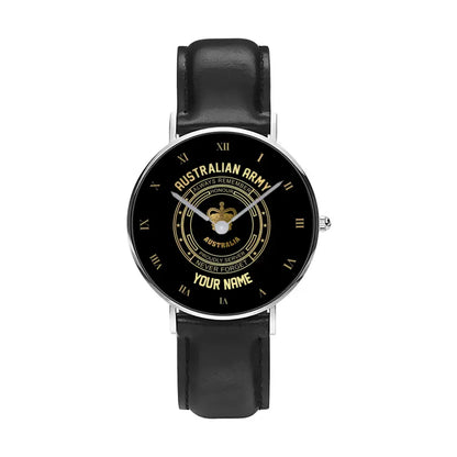 Montre personnalisée en cuir noir avec coutures noires pour soldat/vétéran australien avec nom et grade - 2803240001 - Version dorée