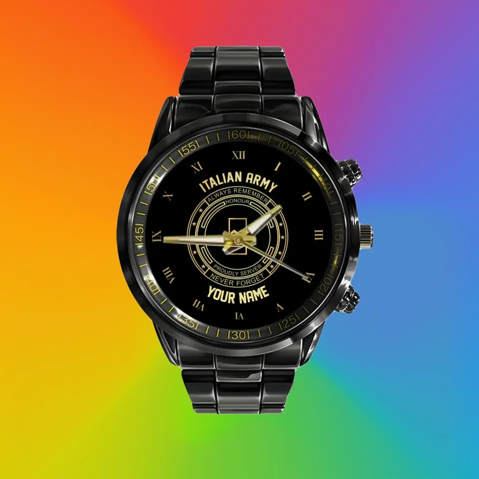 Personalized Italy Soldier/ Veteran With Name And Rank Black Stainless Steel Watch - 2803240001 - Gold Version