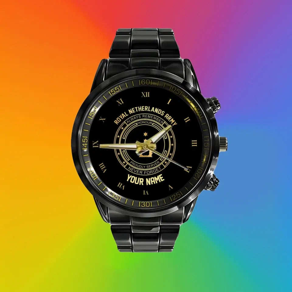 Personalized Netherlands Soldier/ Veteran With Name And Rank Black Stainless Steel Watch - 2803240001 - Gold Version