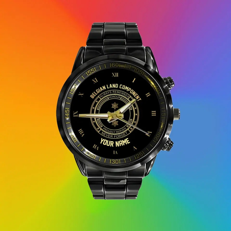 Personalized Belgium Soldier/ Veteran With Name And Rank Black Stainless Steel Watch - 2803240001 - Gold Version