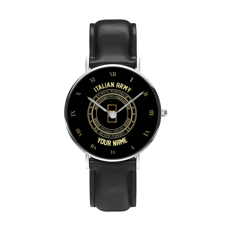 Personalized Italy Soldier/ Veteran With Name, Rank Black Stitched Leather Watch - 2803240001 - Gold Version