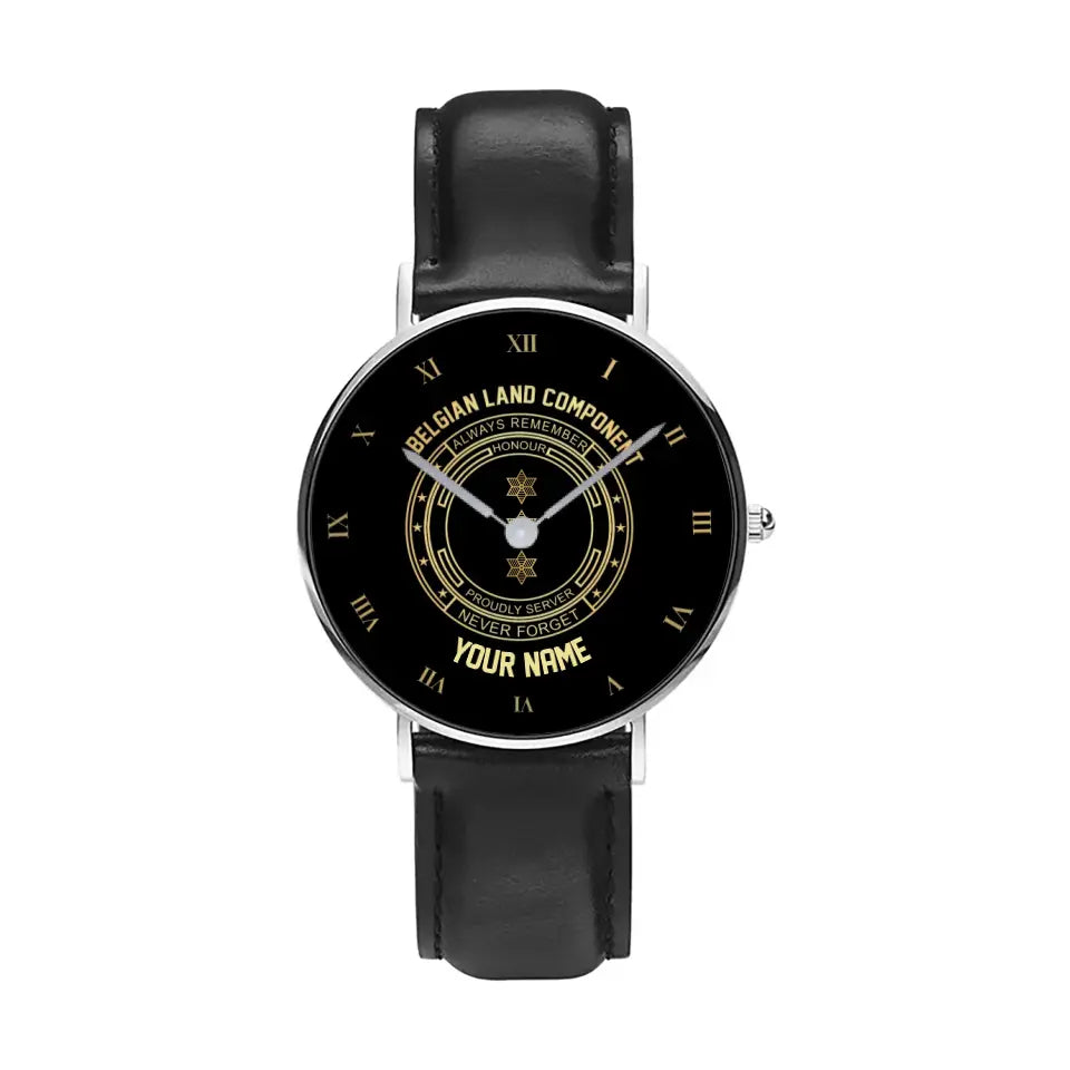 Montre personnalisée en cuir noir cousu pour soldat/vétéran belge avec nom et grade - 2803240001 - Version dorée