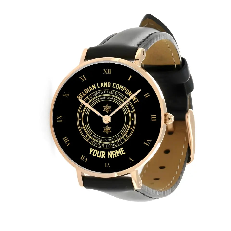 Montre personnalisée en cuir noir cousu pour soldat/vétéran belge avec nom et grade - 2803240001 - Version dorée