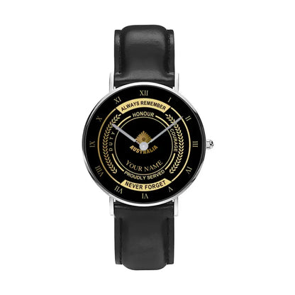 Montre personnalisée en cuir noir avec coutures noires pour soldat/vétéran australien avec nom et grade - 0603240002 - Version dorée