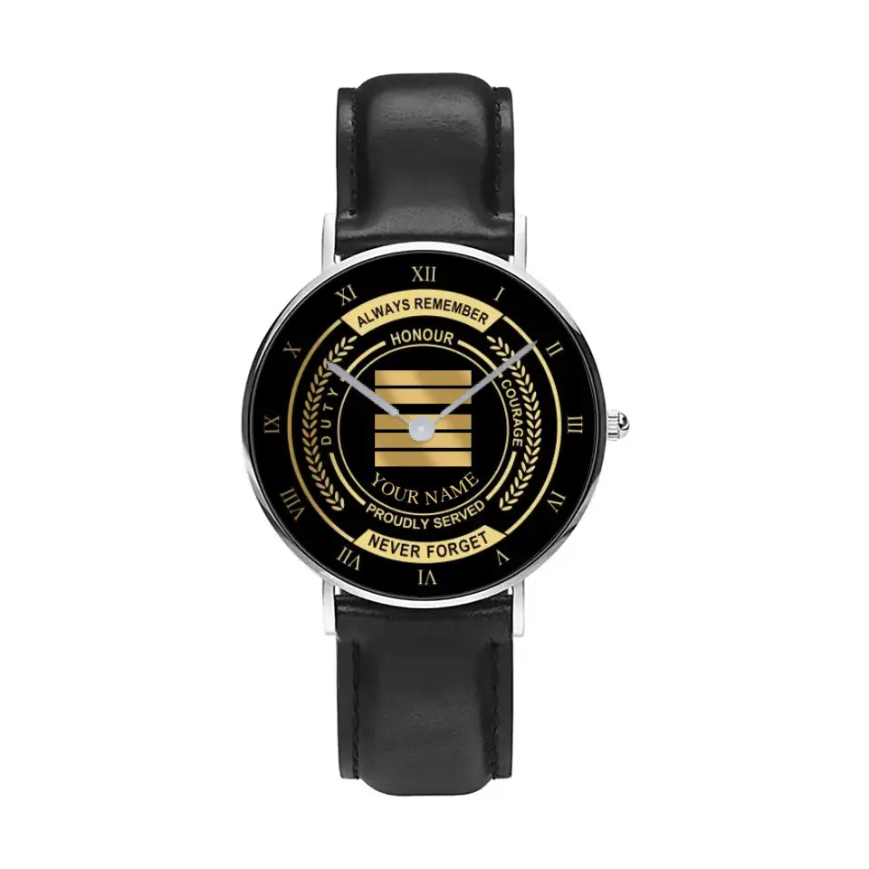 Montre Personnalisée Soldat/Vétéran France Avec Nom, Grade Cuir Noir Surpiqué - 0603240002 - Version Or