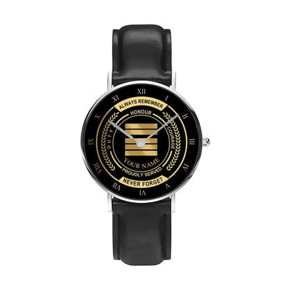 Personalized France Soldier/ Veteran With Name, Rank Black Stitched Leather Watch - 0603240002 - Gold Version