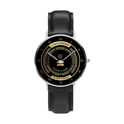 Montre personnalisée en cuir noir avec coutures noires pour soldat/vétéran irlandais avec nom et grade - 0603240002 - Version dorée