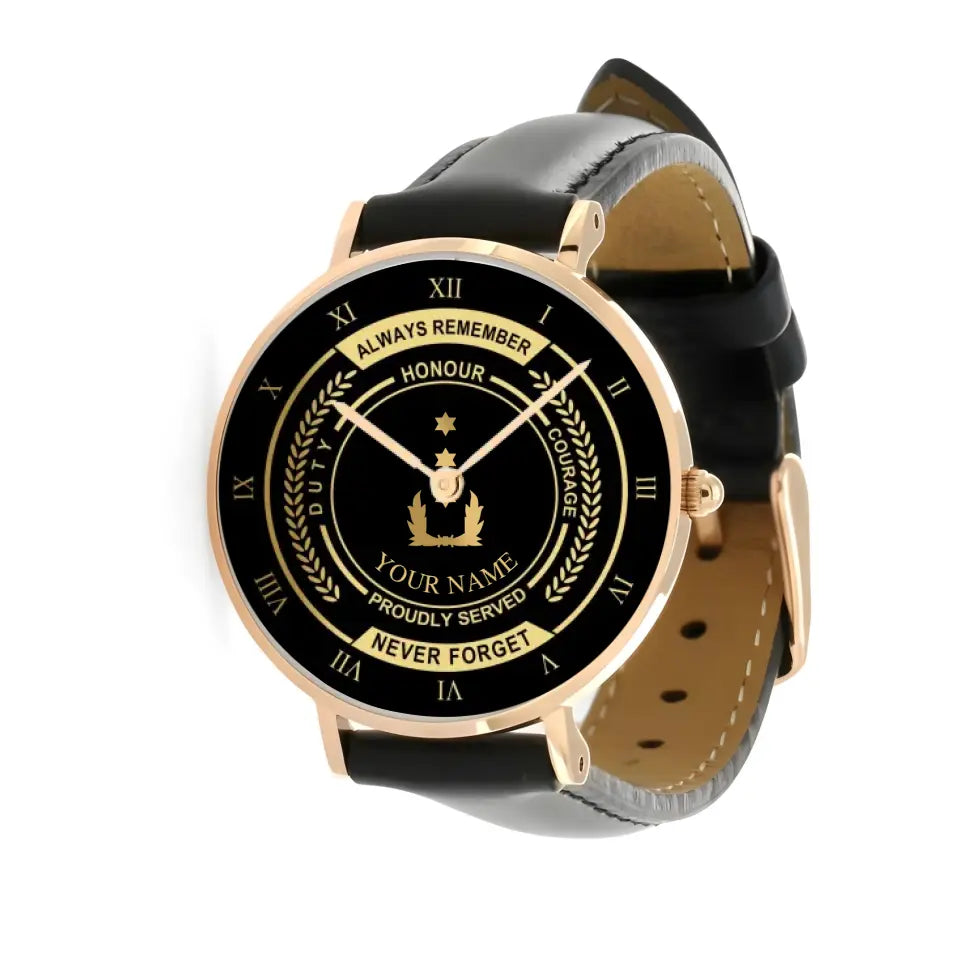 Montre personnalisée en cuir noir cousu pour soldat/vétéran néerlandais avec nom et grade - 0603240002 - Version dorée