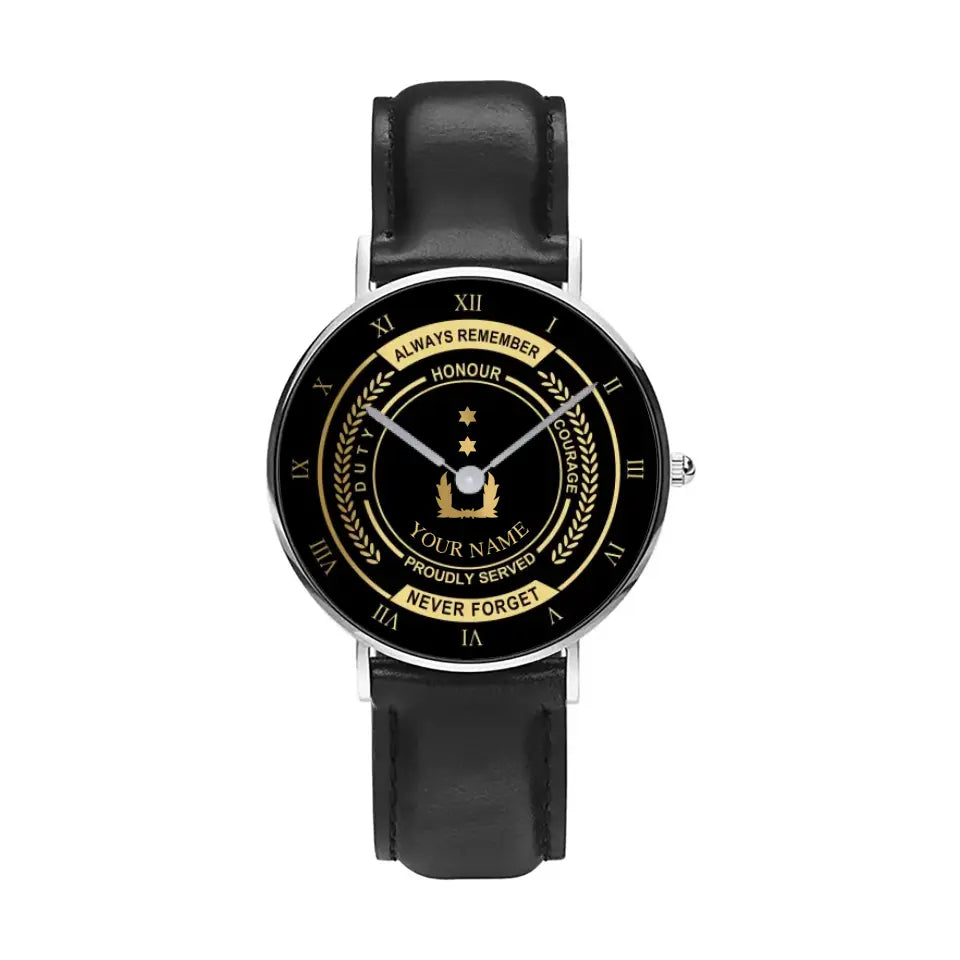 Montre personnalisée en cuir noir cousu pour soldat/vétéran néerlandais avec nom et grade - 0603240002 - Version dorée