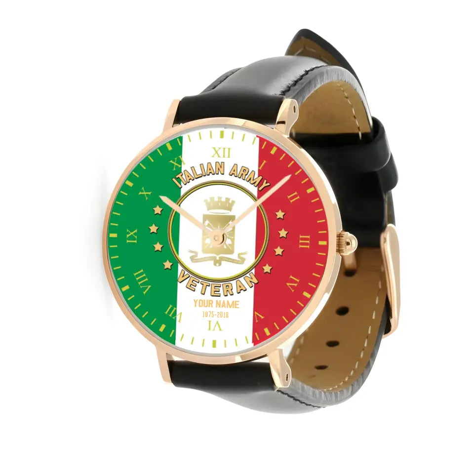 Personalized Italy Soldier/ Veteran With Name And Year Black Stitched Leather Watch - 0204240001 - Gold Version