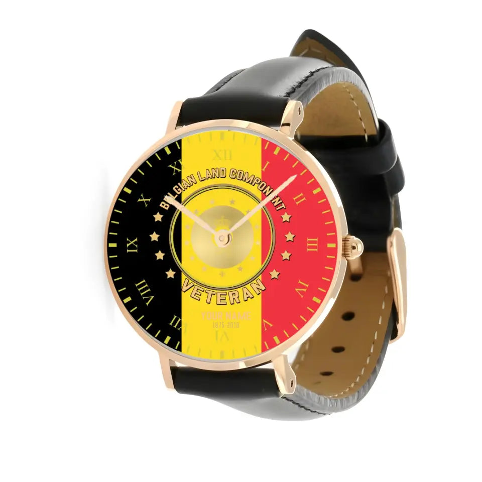 Personalized Belgium Soldier/ Veteran With Name And Year Black Stitched Leather Watch - 0204240001 - Gold Version