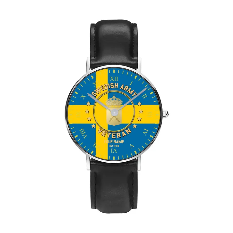 Personalized Sweden Soldier/ Veteran With Name And Year Black Stitched Leather Watch - 0204240001 - Gold Version