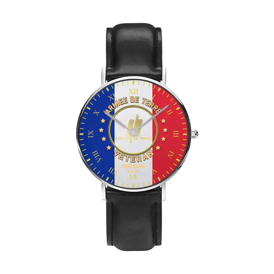 Montre Personnalisée Soldat/Vétéran France Avec Nom Et Année En Cuir Noir Surpiqué - 0204240001 - Version Or