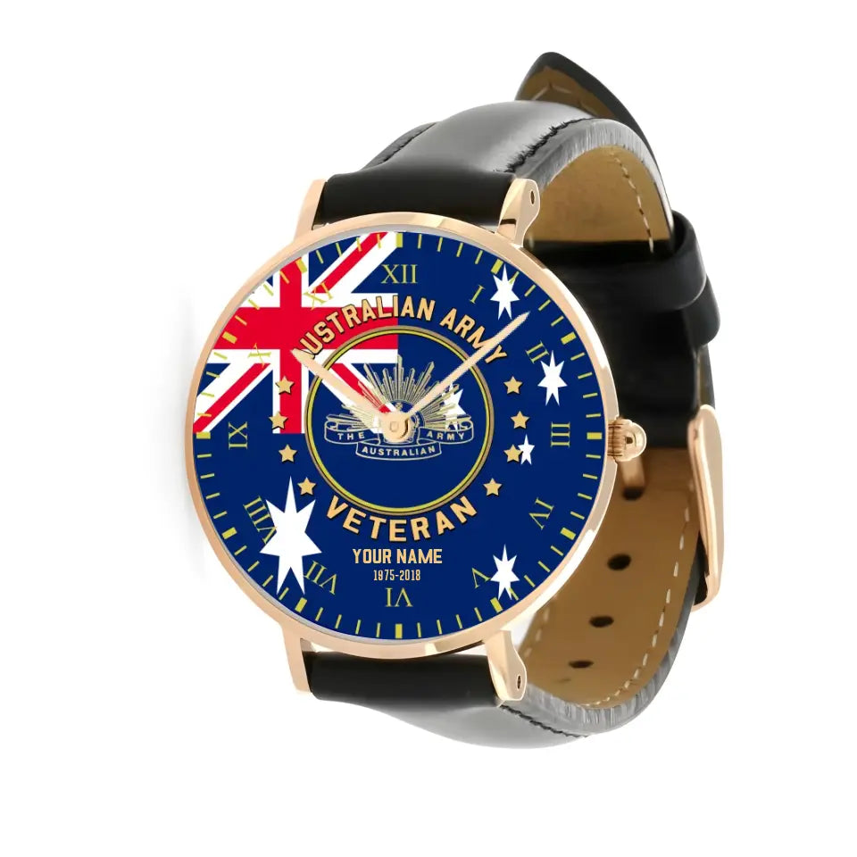 Personalized Australian Soldier/ Veteran With Name And Year Black Stitched Leather Watch - 0204240001 - Gold Version