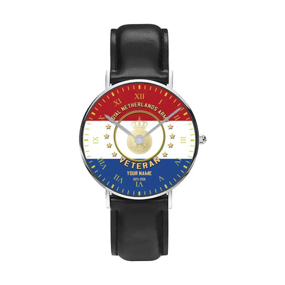 Personalized Netherlands Soldier/ Veteran With Name And Year Black Stitched Leather Watch - 0204240001 - Gold Version