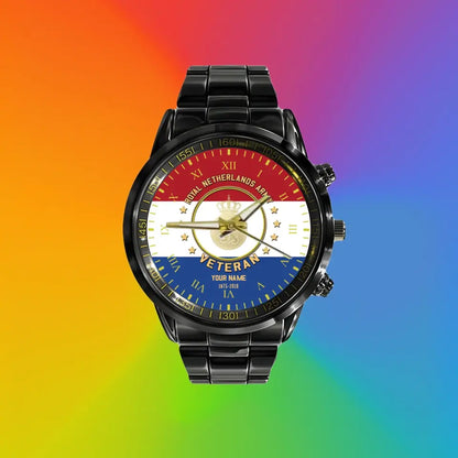 Montre personnalisée en acier inoxydable noir pour soldat/vétéran des Pays-Bas avec nom et grade - 0204240001 - Version dorée