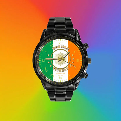 Montre personnalisée en acier inoxydable noir pour soldat/vétéran irlandais avec nom et grade - 0204240001 - Version dorée