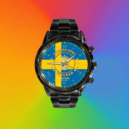 Personalized Sweden Soldier/ Veteran With Name And Rank Black Stainless Steel Watch - 0204240001 - Gold Version