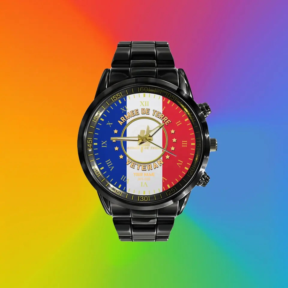 Montre Personnalisée Soldat/Vétéran France Avec Nom Et Grade En Acier Inoxydable Noir - 0204240001 - Version Or