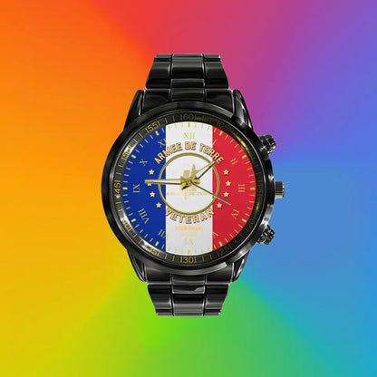 Montre Personnalisée Soldat/Vétéran France Avec Nom Et Grade En Acier Inoxydable Noir - 0204240001 - Version Or