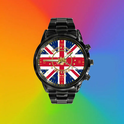 Montre personnalisée en acier inoxydable noir pour soldat/vétéran britannique avec nom et grade - 0204240001 - Version dorée