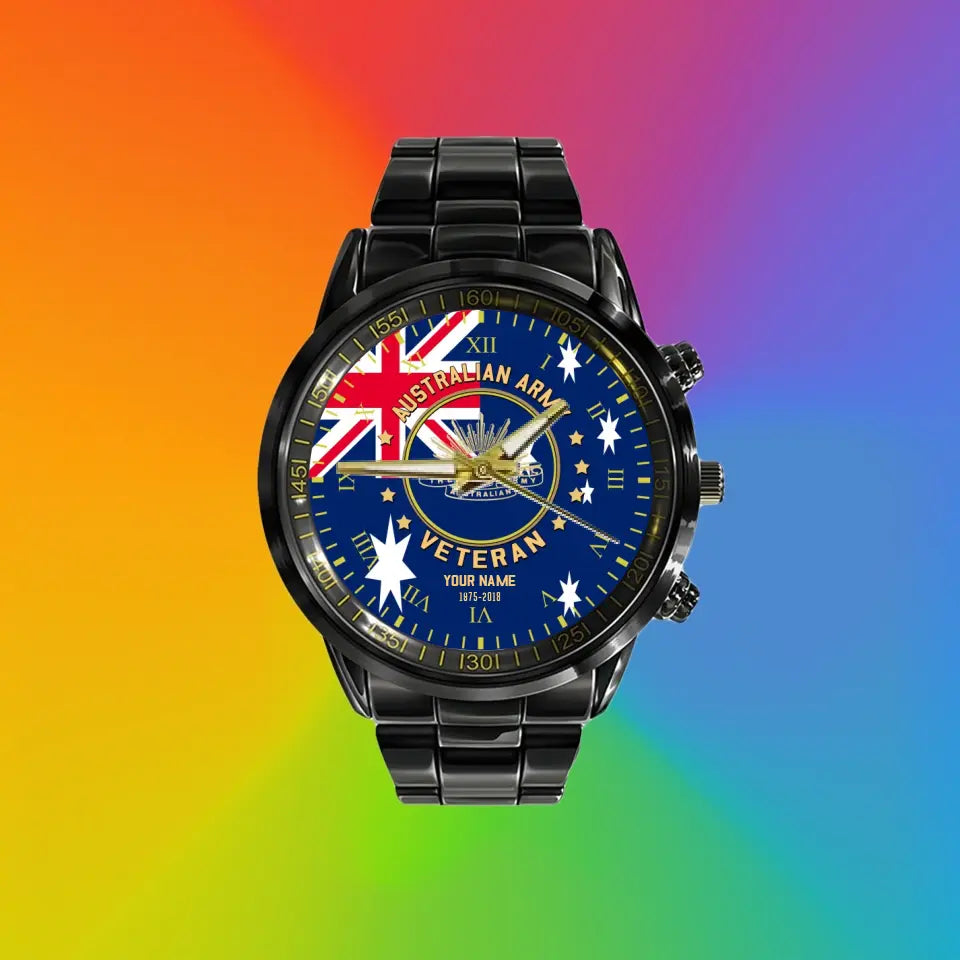 Personalisierte australische Soldat/Veteran mit Namen und Rang schwarze Edelstahluhr - 0204240001 - Goldversion