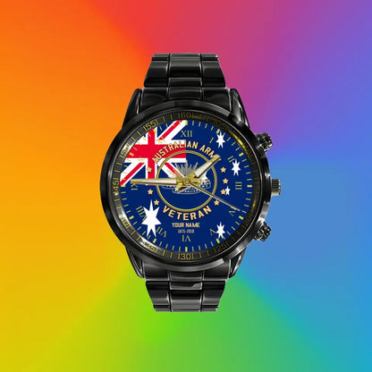 Personalized Australian Soldier/ Veteran With Name And Rank Black Stainless Steel Watch - 0204240001 - Gold Version