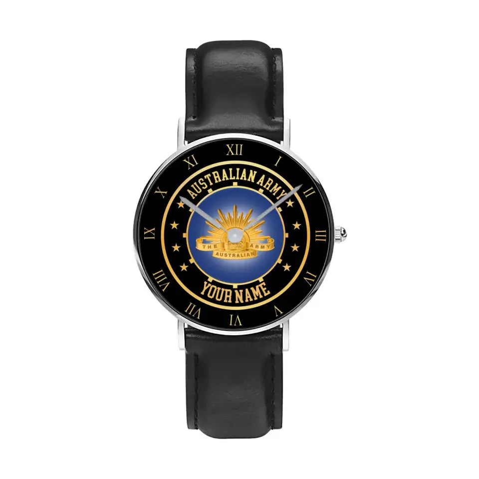 Montre personnalisée en cuir noir avec nom de soldat/vétéran australien - 05042401QA - Version dorée