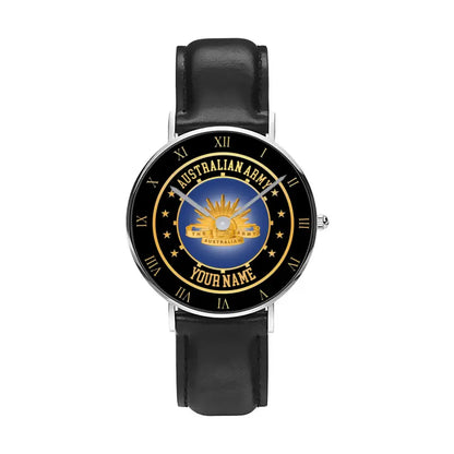 Montre personnalisée en cuir noir avec nom de soldat/vétéran australien - 05042401QA - Version dorée