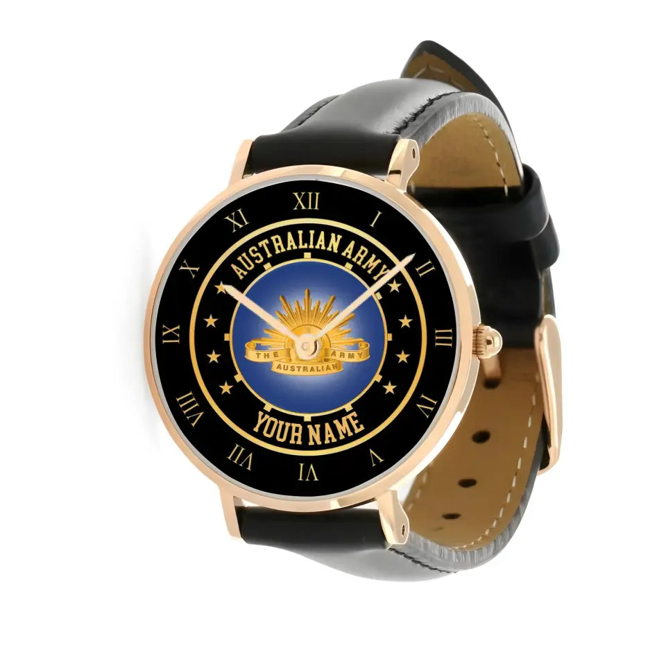 Personalisierte australische Soldat/Veteran mit Namen, schwarze genähte Lederuhr – 05042401QA – goldene Version