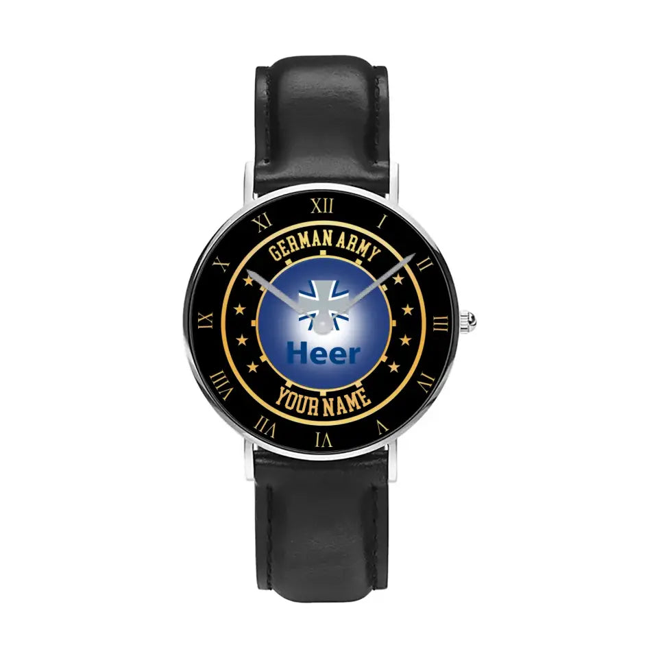 Personalisierte deutsche Soldat/Veteran mit Namen schwarze genähte Lederuhr - 05042401 QA - Goldversion