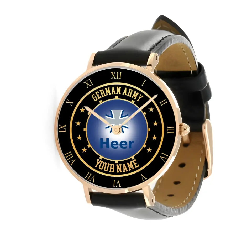 Personalisierte deutsche Soldat/Veteran mit Namen schwarze genähte Lederuhr - 05042401 QA - Goldversion