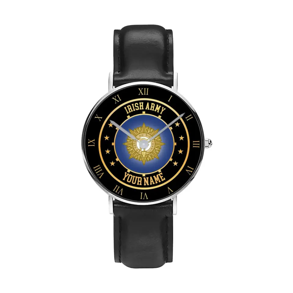 Personalisierte irische Soldat/Veteran mit Namen, schwarze genähte Lederuhr – 05042401 QA – goldene Version