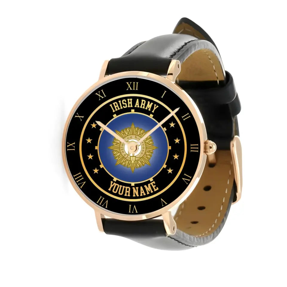 Personalisierte irische Soldat/Veteran mit Namen, schwarze genähte Lederuhr – 05042401 QA – goldene Version