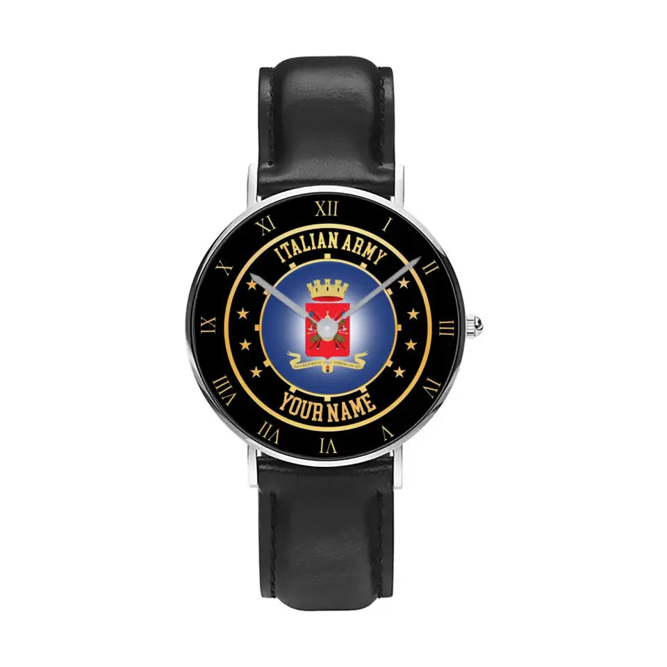 Montre personnalisée en cuir noir avec coutures noires pour soldat/vétéran italien - 05042401 QA - Version dorée