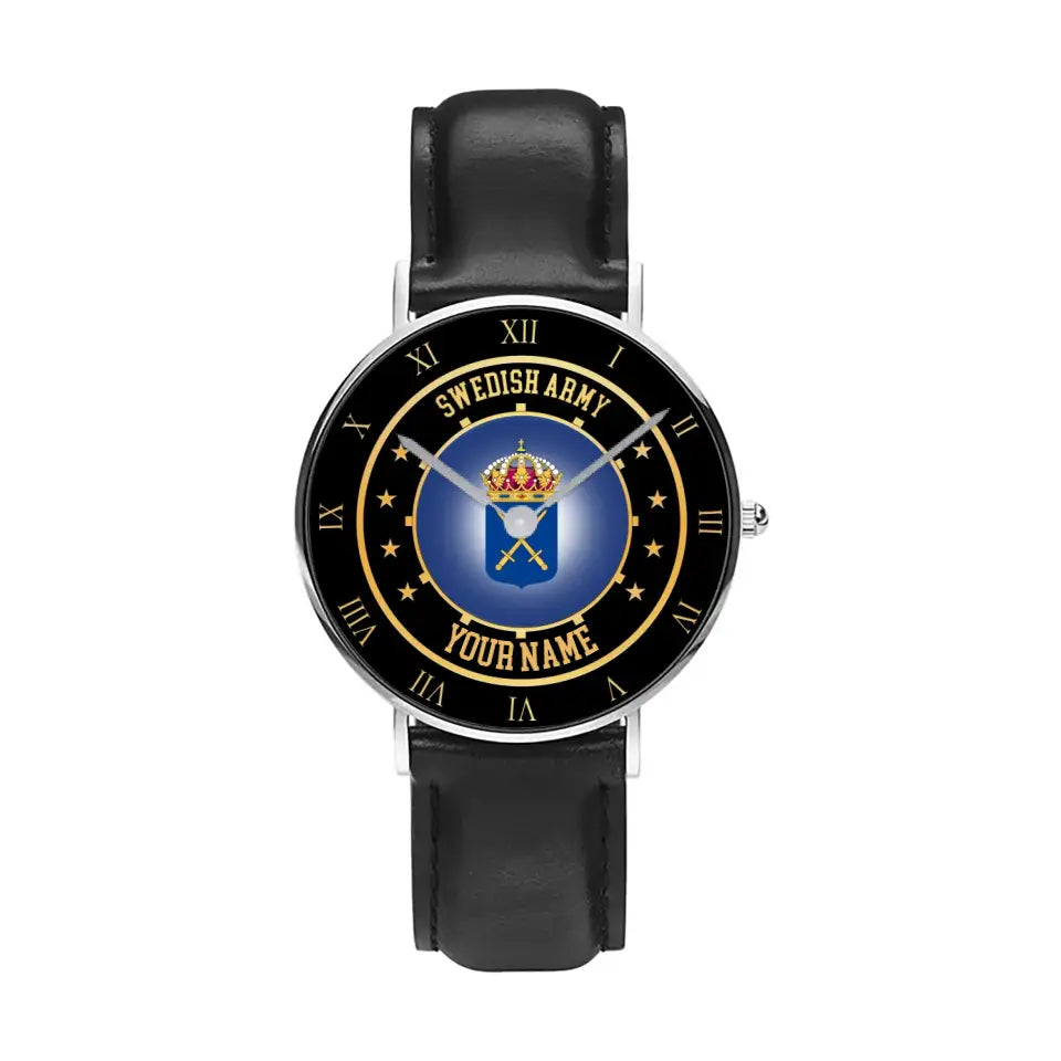 Montre personnalisée en cuir noir avec nom de soldat/vétéran suédois - 05042401 QA - Version dorée